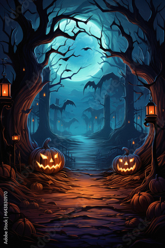 Halloween spooky background, scary jack o lantern pumpkins in creepy dark forest with bats, spooky trees, moon and old house Happy Haloween ghosts horror gothic mysterious night moonlight backdrop.