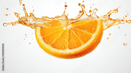 Half of a ripe orange fruit with orange juice splash water isolated on white background.