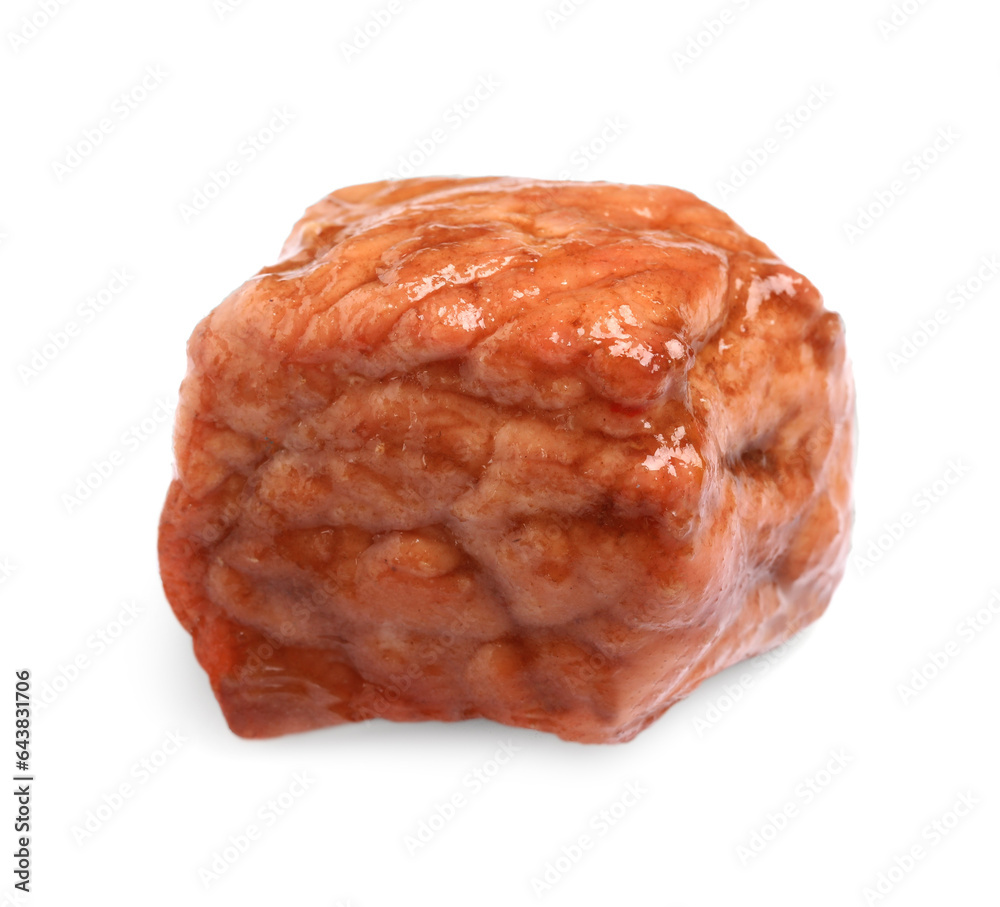 Piece of delicious cooked beef isolated on white. Tasty goulash Piece of delicious cooked beef isolated on white. Tasty goulash