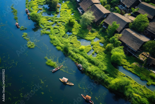 Tranquil River's Serene Aerial Oasis: Lush Floating Gardens Embracing Eco-friendly Cultivation, Harmonizing Nature's Beauty and Sustainable Farming