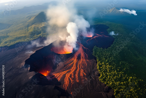 Majestic Aerial View: Breathtaking Volcanic Crater, Lush Greenery, and Fiery Red Lava - Nature's Spectacular Power Unleashed! © aicandy