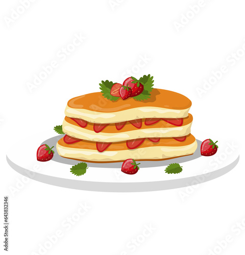Pancakes  Illustration with Strawberry with Layered on the plate