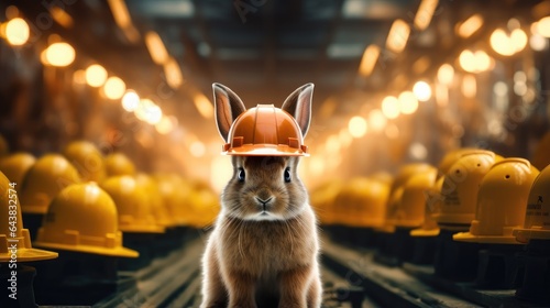 A rabbit wearing a hard hat sitting on a conveyor belt. Generative AI. photo