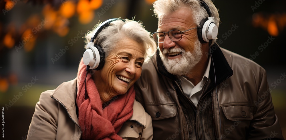 Elderly couple listening to music with headphones, generative AI