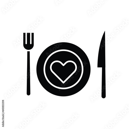 Romantic dinner filed icon, Plate with fork knife and heart symbol, logo icon on white background..eps