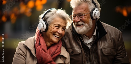 Elderly couple listening to music with headphones, generative AI