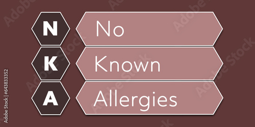 NKA No Known Allergies. An Acronym Abbreviation of a common Medical term. Illustration isolated on red background photo