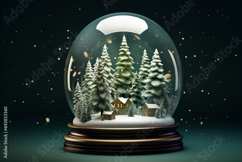 Snow globe with fir trees inside. Generative Ai. © LeveL4