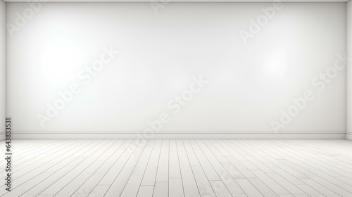 Empty light interior background. White textured empty wall and wooden light floor with lighting. generative AI