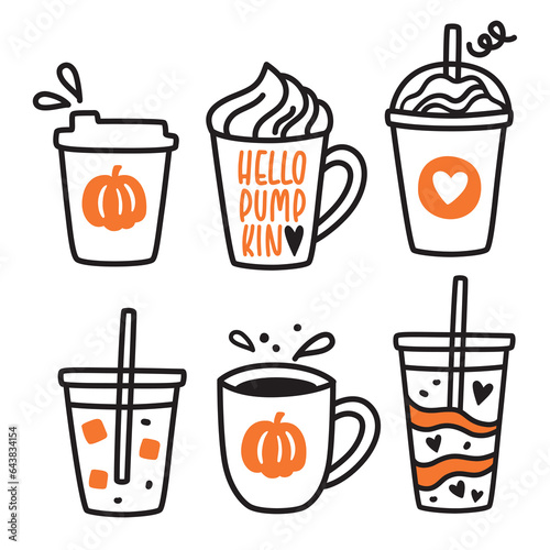 Pumpkin spice latte coffee drawing vector illustration. The set includes iced coffee, hot coffee, and to go coffee.