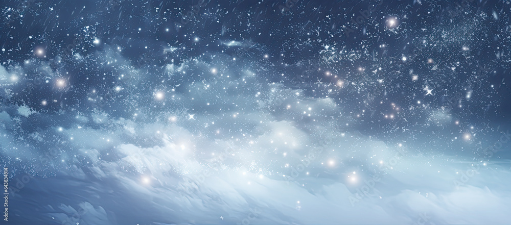 fondo cielo invernal azul oscuro con bokeh brillante desenfocado sobre campo nevado - obrazy, fototapety, plakaty 