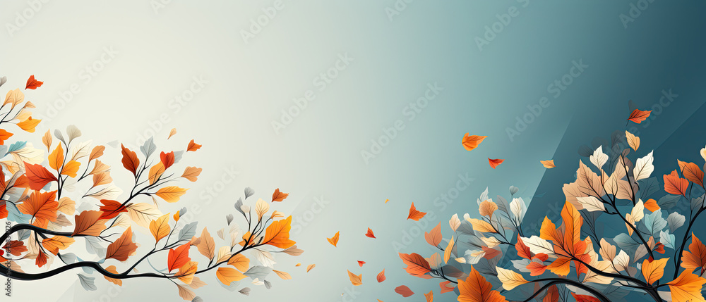lamina de ramas de arboles con hojas otoñales sobre fondo azul - obrazy, fototapety, plakaty 