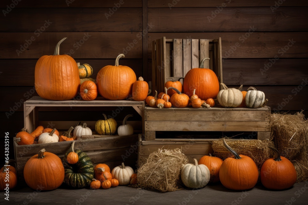 a group of pumpkins artistically stacked in a box and laid out according to the composition for the photo a group of pumpkins artistically stacked in a box and laid out according to the composition for the photo