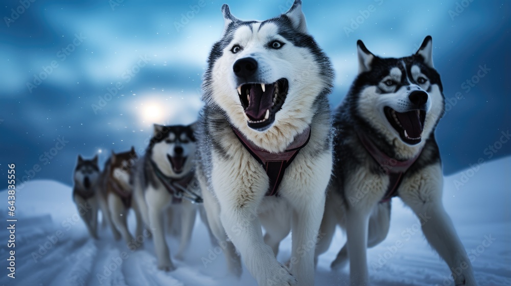 A group of dogs pulling a sled down a snow covered slope. Generative AI.