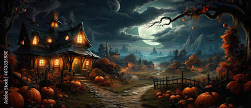 Halloween spooky background, scary jack o lantern pumpkins in creepy dark Happy Haloween ghosts horror mysterious night village street garden with old haunted house mystic backdrop.