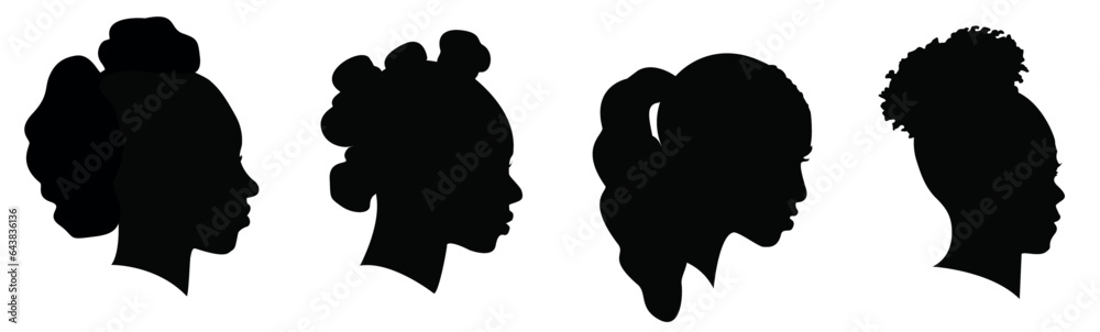 Silhouettes of African American women part 6, profile with hair style contour on white background. Vector illustration.	
