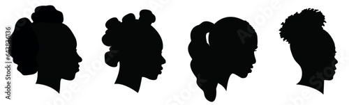 Silhouettes of African American women part 6, profile with hair style contour on white background. Vector illustration.	
