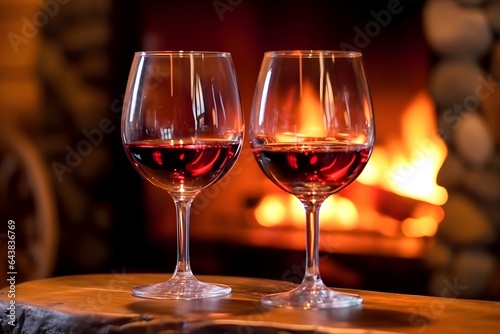 暖炉とワイングラス