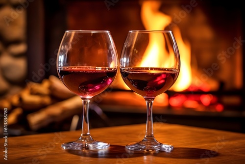 暖炉とワイングラス