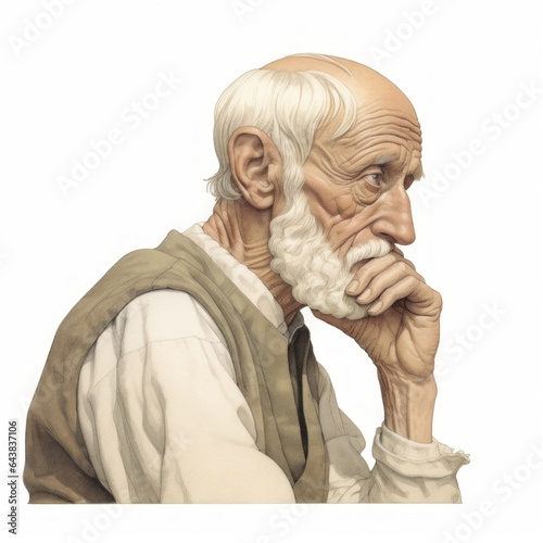 White old man in thinking and doubts soft colored illustration. Male character with dreamy face on abstract background. Ai generated pastel sketch poster.