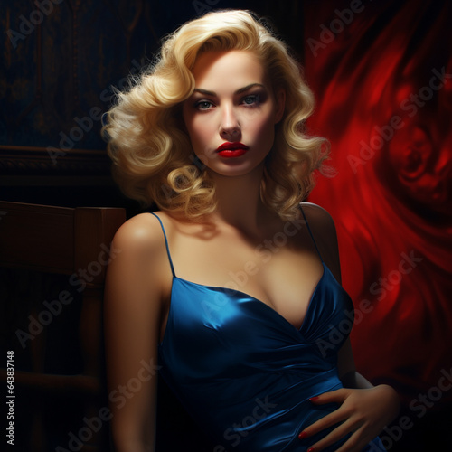A tall, beautiful woman with blond hair and blue eyes, a small nose, full red lips, and curled black eyelashes, wearing a tight-fitting blue dress , Generative AI