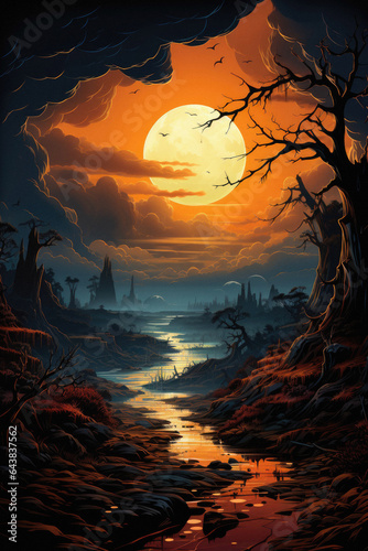 Happy Halloween spooky scary moon night scene horror landscape background. Creepy dark forest woods trees, moon and Happy Haloween ghosts gothic mysterious sky moonlight gloomy scenery backdrop. © Synthetica