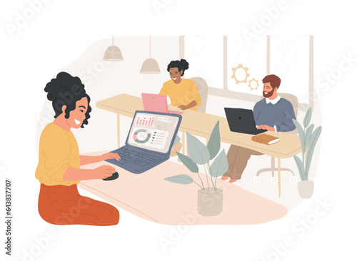 Coworking isolated concept vector illustration. Coworking for freelancers, teamwork and communication, independent activity, collaboration in shared office space, self-employed vector concept.