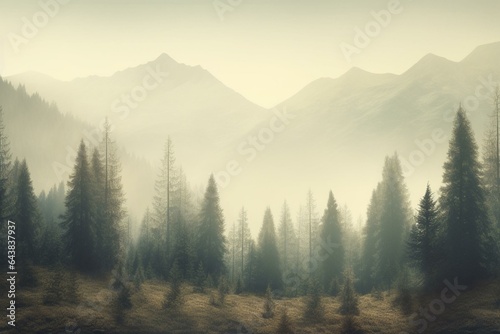 Retro foggy mountain landscape featuring a vintage fir forest and spacious copyspace. Generative AI