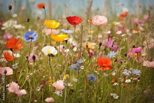 Flower meadow - background panorama - summer flowers. Generative AI