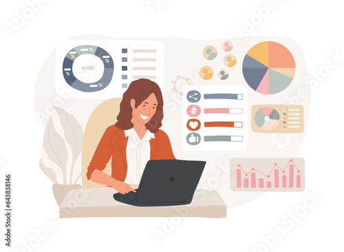 Social network monitoring isolated concept vector illustration. Social media measurement, social listening, page rank, web mention, report analysis, brand reputation, engagement vector concept.