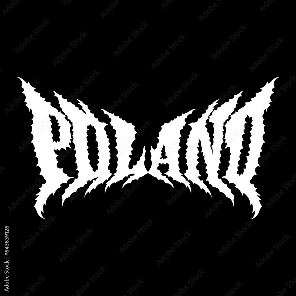 Poland word with death metal font hand drawing vector isolated on black background.