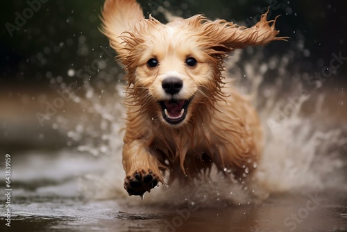Joyful pup splashing in a rain puddle. Generative AI