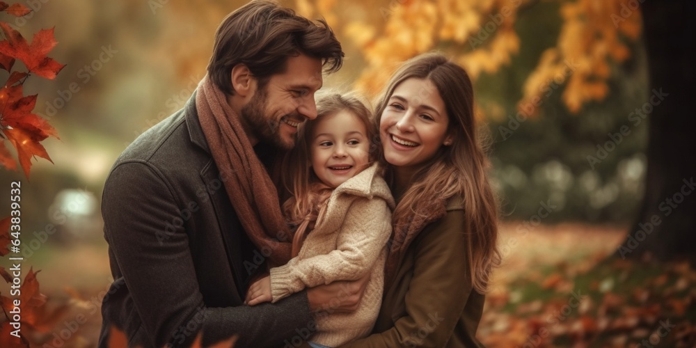 Generative AI : Happy family daughter kissing and hugging her dad on a walk in the autumn leaf fall in park Generative AI : Happy family daughter kissing and hugging her dad on a walk in the autumn leaf fall in park