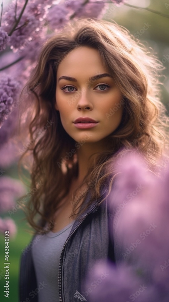 Generative AI : Beauty face of the young beautiful healthy girl with purple and lilac flowers on green background Generative AI : Beauty face of the young beautiful healthy girl with purple and lilac flowers on green background