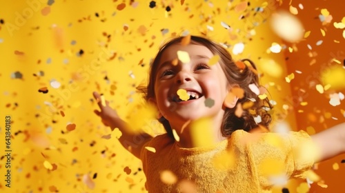 Generative AI : happy birthday children girls with confetti on colored yellow background