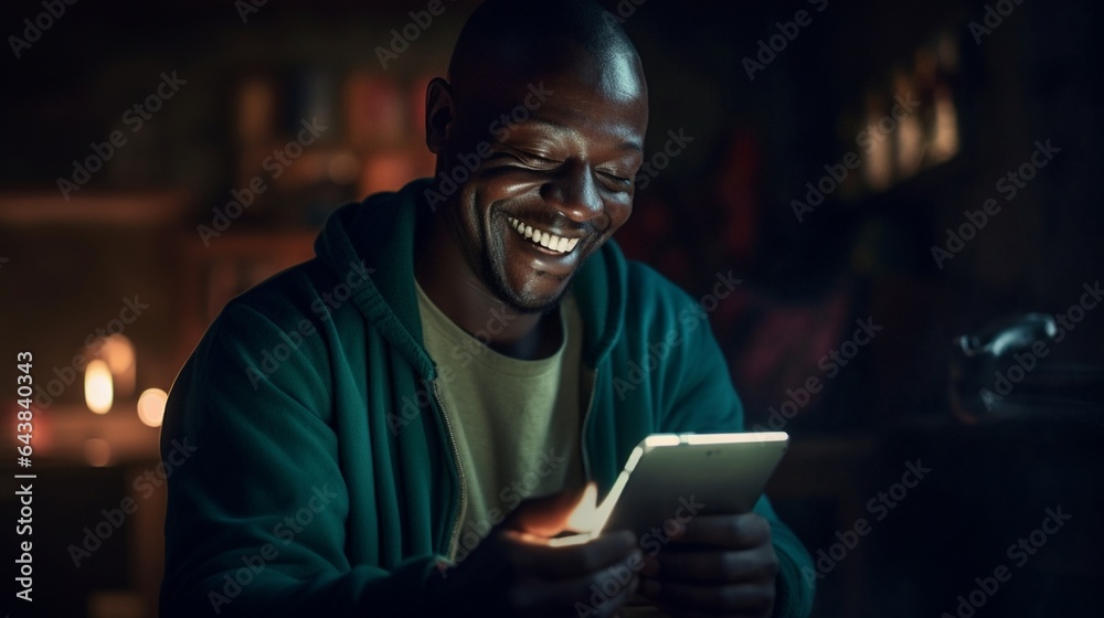 Generative AI : Happy ethnic man watching movie on tablet Generative AI : Happy ethnic man watching movie on tablet