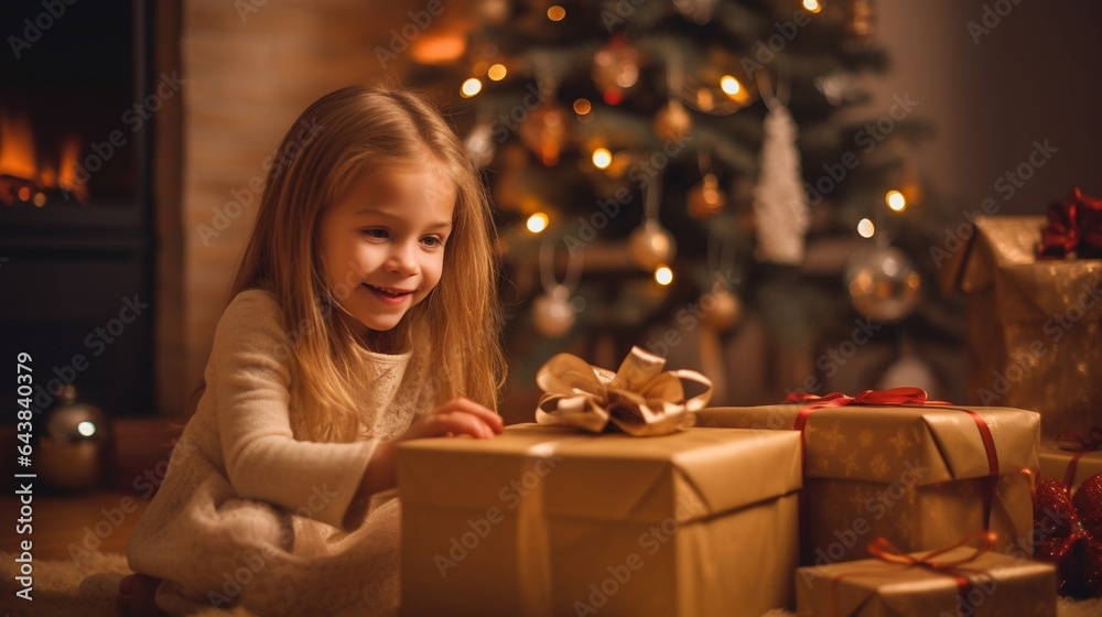 Generative AI : happy laughing child girl with christmas present at home Generative AI : happy laughing child girl with christmas present at home