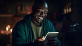 Generative AI : Happy ethnic man watching movie on tablet