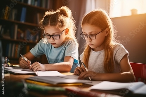 Generative AI : Smiling teacher or mother and little schoolboy doing exercises in copybook while studying remotely via tablet while doing assignment together and studying remotely at home photo