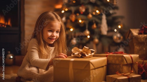 Generative AI : happy laughing child girl with christmas present at home
