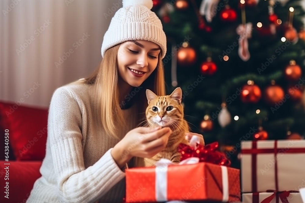 Obraz premium Generative AI : happy woman in a Christmas cap opens the magic box gift