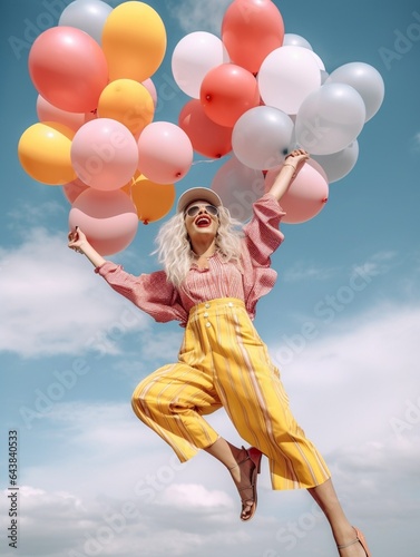 Generative AI : Delighted young woman with bunch of colorful balloons crossing fingers and making wish with closed eyes against blue background