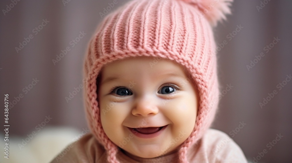 Generative AI : Happy baby girl in a pink hat and scarf laughs Generative AI : Happy baby girl in a pink hat and scarf laughs