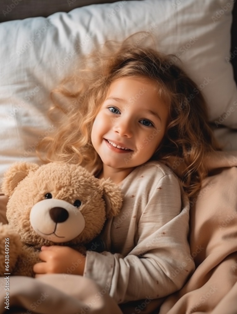 Generative AI : happy child girl smiling in the bed Generative AI : happy child girl smiling in the bed