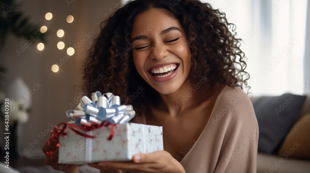 Generative AI : happy woman with a gift on Christmas morning at home Generative AI : happy woman with a gift on Christmas morning at home