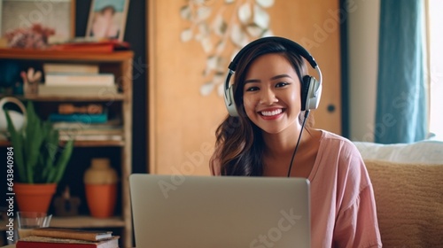 Generative AI : Happy girl in headphones smiling and looking at camera while making video call to teacher during online lesson at home