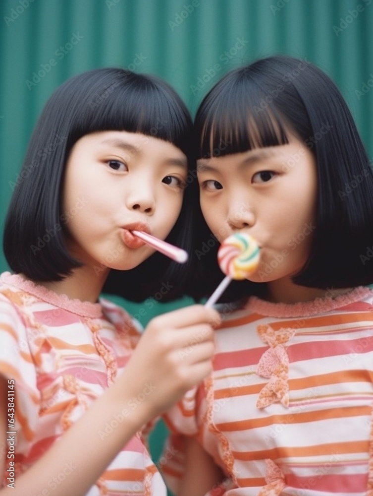 Generative AI : happy girl children twin sisters with lollipops candy Generative AI : happy girl children twin sisters with lollipops candy