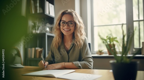 Generative AI : Happy cheerful female freelancer in glasses and casual clothes analyzing information in documents while sitting at table with graphics and notepad and using laptop in cozy contemporary photo
