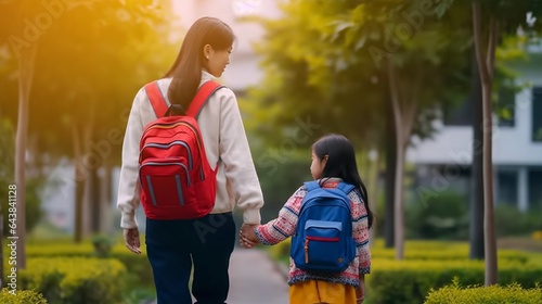 Generative AI : Young loving smiling mother leading son schoolboy with backpack to first grade mom sitting down next to her little child and saying good bye before school while standing together outdo photo