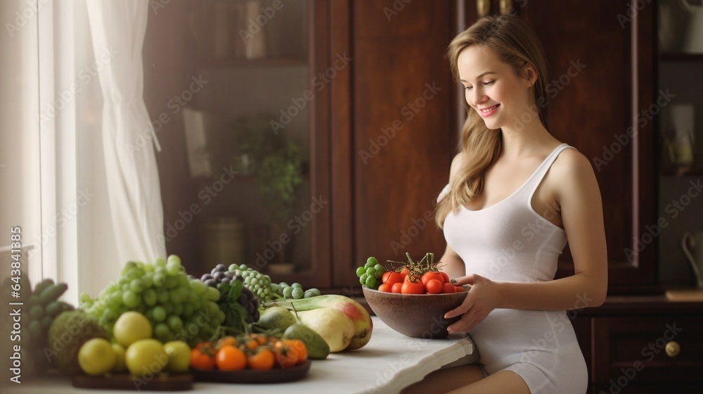 Generative AI : nutrition and diet during pregnancy Pregnant woman standing near refrigerator with fruits and vegetables